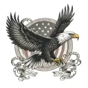 A majestic eagle soaring in front of the American flag, with the words 'We the People' subtly incorporated tattoo design idea