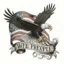A majestic eagle soaring in front of the American flag, with the words 'We the People' subtly incorporated tattoo design idea