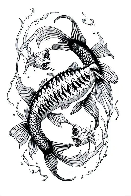 2 coy fish that are just the skeletons swimming either direction with Japanese style water as the filler tattoo design idea