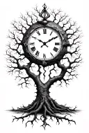 broken clock, loss, family tree intertwined tattoo design idea