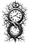 broken clock, loss, family tree intertwined tattoo design idea