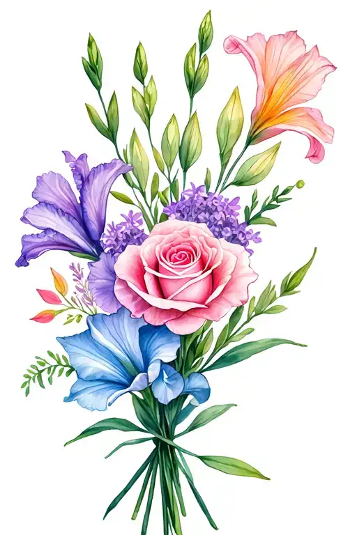 gladiolus, jonquil, lilac rose, sweet pea birth flower bouquet. I like colors: blues, pinks, purples, cyan tattoo design idea
