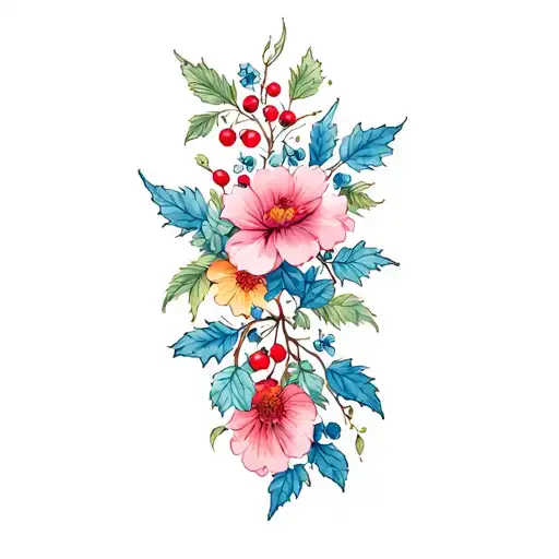 flowers and berries tattoo design idea