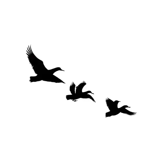 a canary, swan, canary and nightingale flying in a line, blackout tattoo design idea