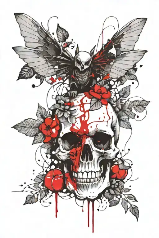 skull with fruit bats and plants intertwined tattoo design idea