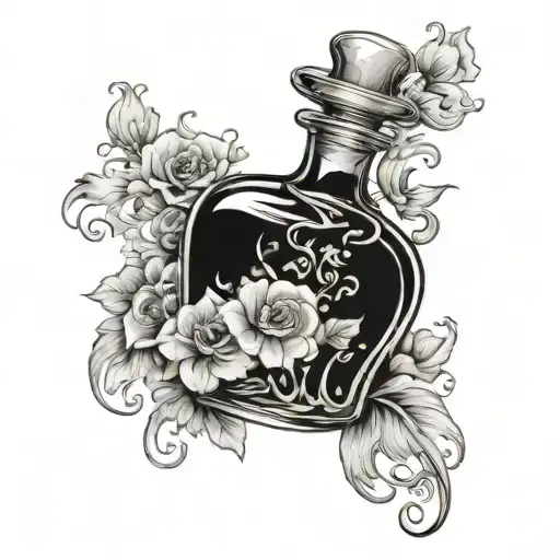 Aqua tofana Potion bottle Belladona flower see-through liquid inside tattoo design idea
