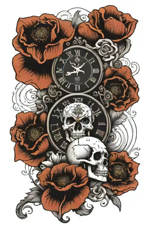 poppy flowers, analog clock at 12:12, skull, scales of justice , @ tattoo design idea