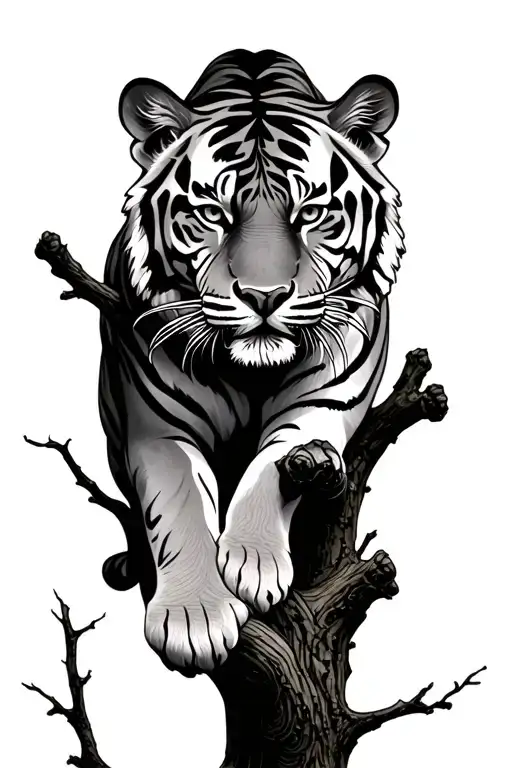 tiger climbing tree branch tattoo design idea