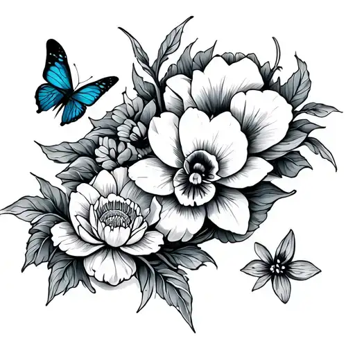 Pisces glyph with water lily, pansy, carnation flowers and butterfly tattoo design idea