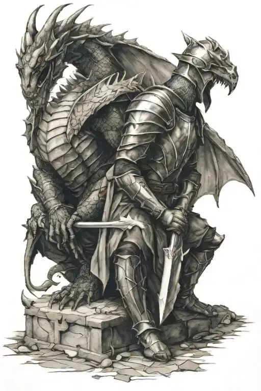 dragon and knight kneeling tattoo design idea