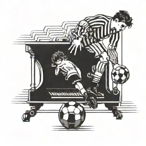 A football player kicking a piano key into the goal, symbolizing the client's love for both football and piano tattoo design idea