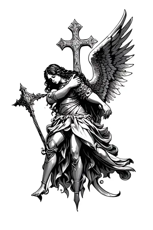 gothic angel with armor hugging a cross tattoo tattoo design idea