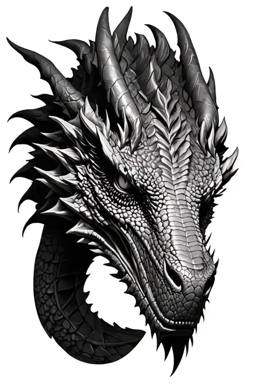 Realistic head-on dragon face, left side only, detailed, grayscale, tattoo style tattoo design idea