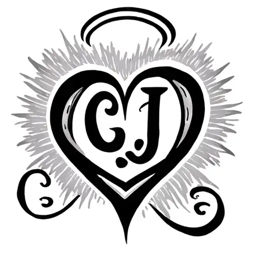 CJ in cursive with a halo above, have the end of the j curve into a heart tattoo design idea