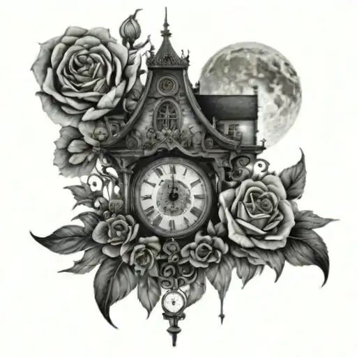 mansion with a clock made of flowers with the moon in the background tattoo design idea