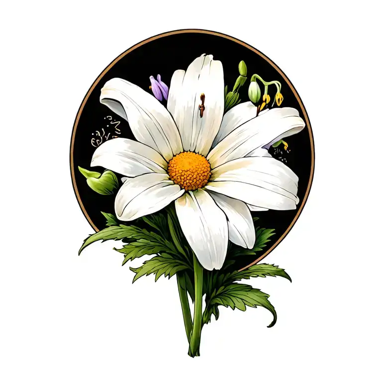 daisy, cherry blossom, white lilly of valley flowers tattoo design idea