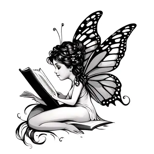 butterfly fairy with side view reading book and cancer sign tattoo design idea