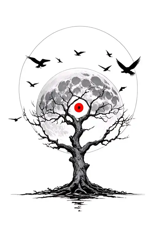a tree with crows flying around it with itachi uchiha's mangenkyou sharingan as the moon tattoo design idea