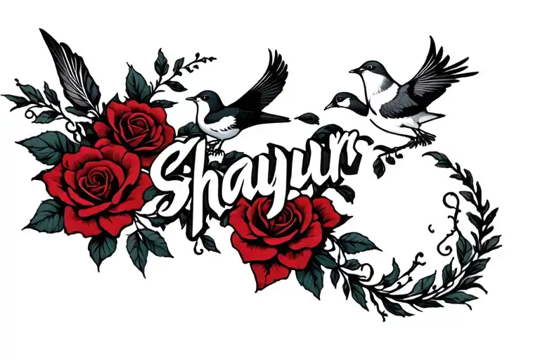 the name Shayur with birds and roses tattoo design idea