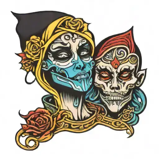 sad face holding happy face mask looking down tattoo design idea