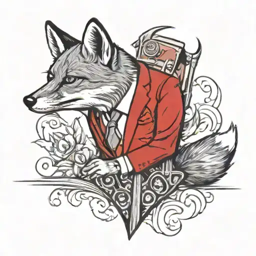 Red fox in a red suit businessman, gta mob gangster, traditional tattoo tattoo design idea