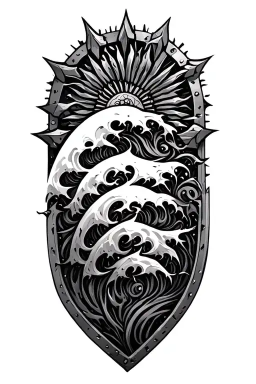 A stylized Visayan wave pattern flowing into a Bagobo sun-like shield motif made of metal shards. tattoo design idea