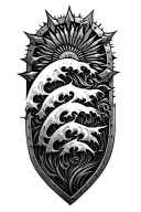 A stylized Visayan wave pattern flowing into a Bagobo sun-like shield motif made of metal shards. tattoo design idea