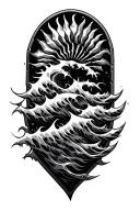 A stylized Visayan wave pattern flowing into a Bagobo sun-like shield motif made of metal shards. tattoo design idea