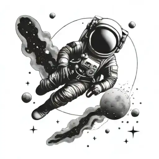 An astronaut floating in space, surrounded by planets and galaxies, representing the endless possibilities of the universe and human curiosity tattoo design idea