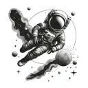 An astronaut floating in space, surrounded by planets and galaxies, representing the endless possibilities of the universe and human curiosity tattoo design idea