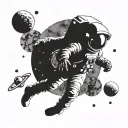An astronaut floating in space, surrounded by planets and galaxies, representing the endless possibilities of the universe and human curiosity tattoo design idea