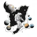 An astronaut floating in space, surrounded by planets and galaxies, representing the endless possibilities of the universe and human curiosity tattoo design idea
