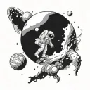 An astronaut floating in space, surrounded by planets and galaxies, representing the endless possibilities of the universe and human curiosity tattoo design idea