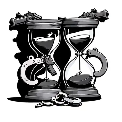 Bonnie and Clyde with guns and handcuffs intertwined around an hourglass tattoo design idea