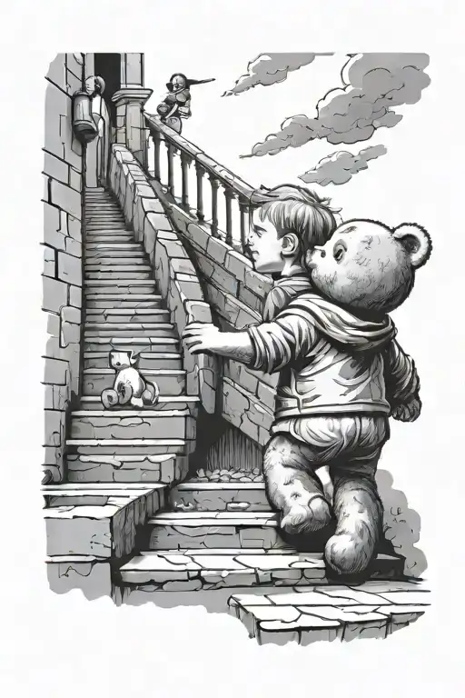 kid holding teddy bear looking up a stair way into heaven tattoo design idea