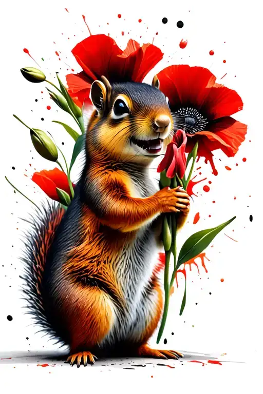 smiling chipmunk holding gladiolus flower with poppy flowers behind it tattoo design idea