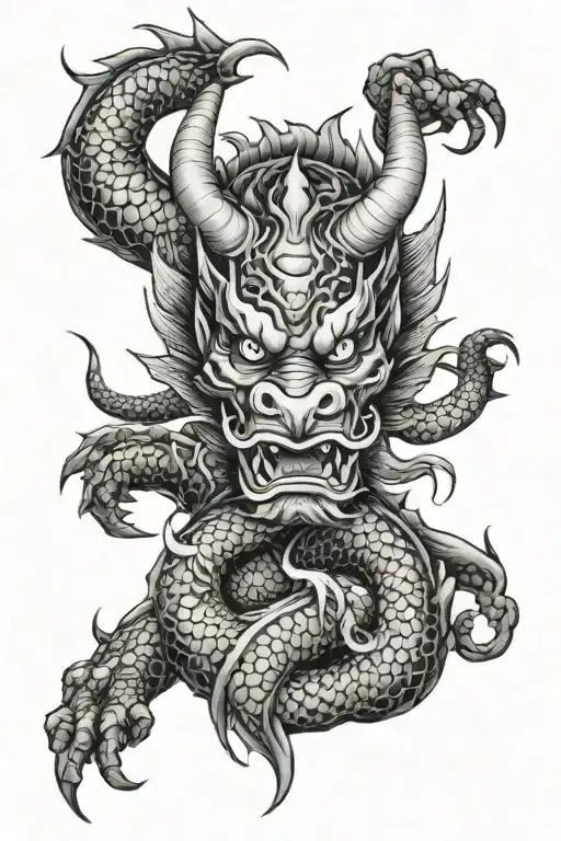 a japanese dragon wrapping around my upper arm with its head being on my shoulder and a japanese oni mask  tattoo design idea