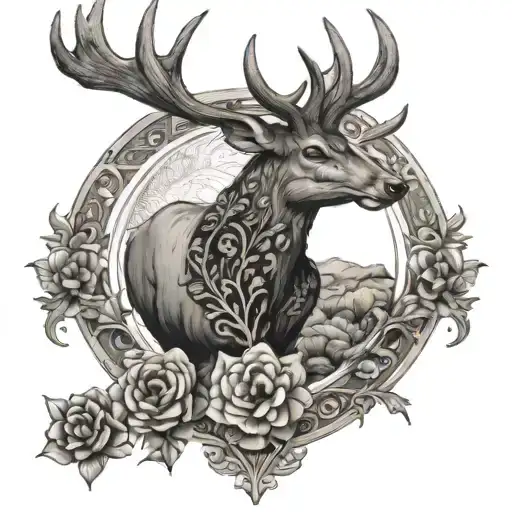 A deer with intricate anatomy details surrounded by vintage art elements tattoo design idea