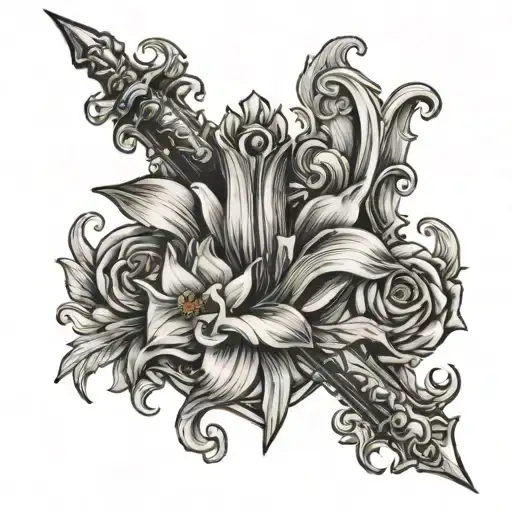 sword in stone crown daffodil scroll wrapped tattoo design idea