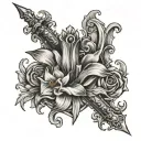 sword in stone crown daffodil scroll wrapped tattoo design idea