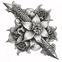 sword in stone crown daffodil scroll wrapped tattoo design idea