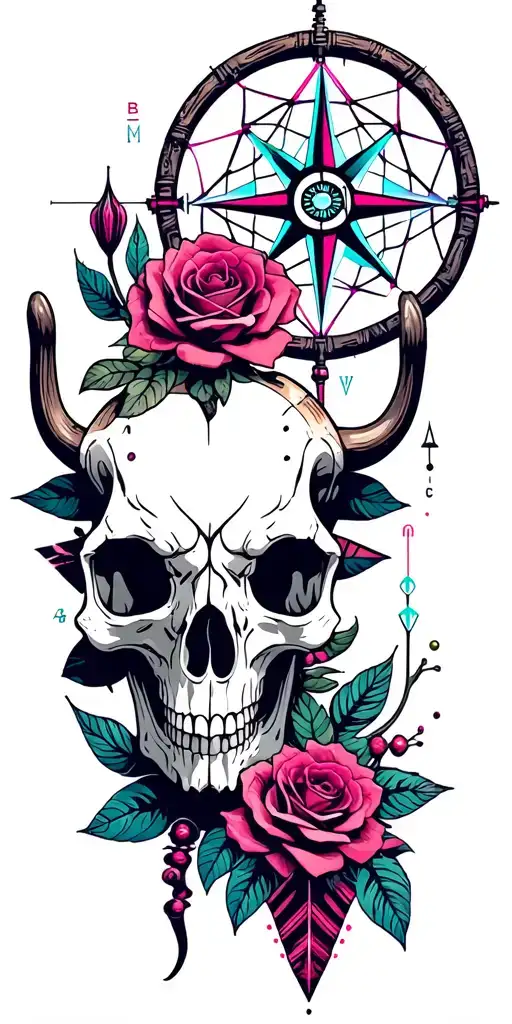 Metal, Southwest, Cactus, Dead Roses, Compass, Dreamcatcher, Snake, Longhorn skull tattoo design idea