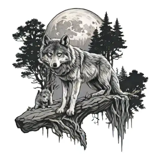 wolf waterfall moon forest she-wolf protects her wolf cub tattoo design idea