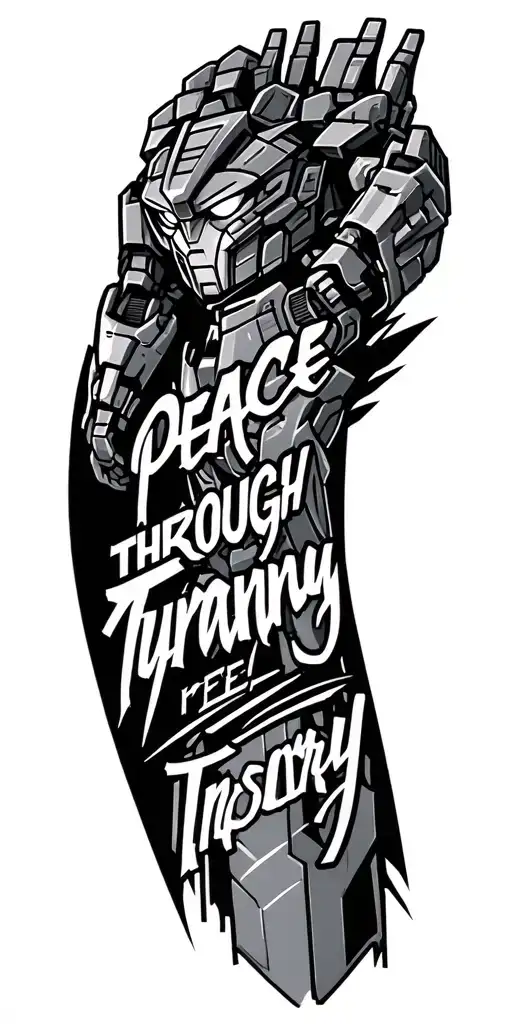 "Peace through tyranny" Decepticon design on the upper arm, transitioning to cybertronian decepticon quotes on the forearm tattoo design idea