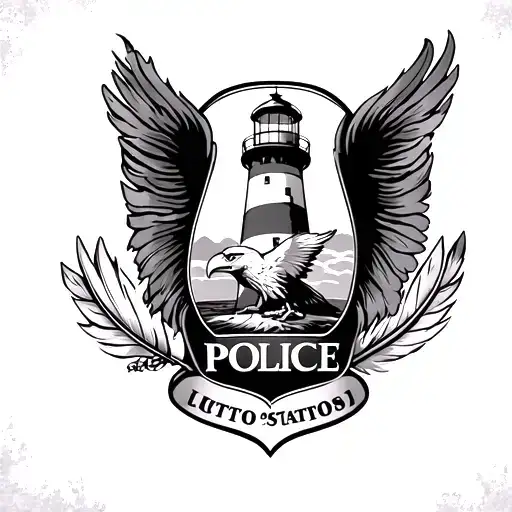 lighthouse, eagle, feather, police badge tattoo design idea