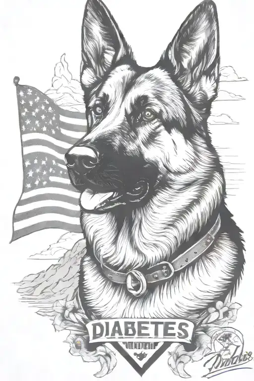 German shepherd portrait saying "diabetes" mountain scene American flag waving tattoo design idea