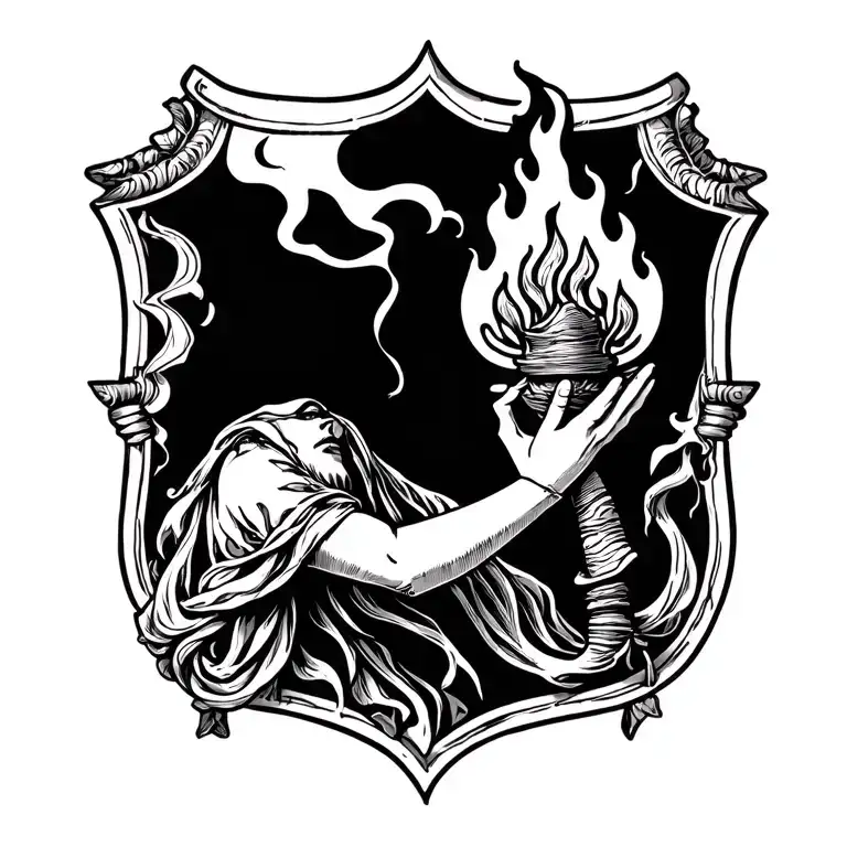 Crest of Hestia holding a burning flame tattoo design idea
