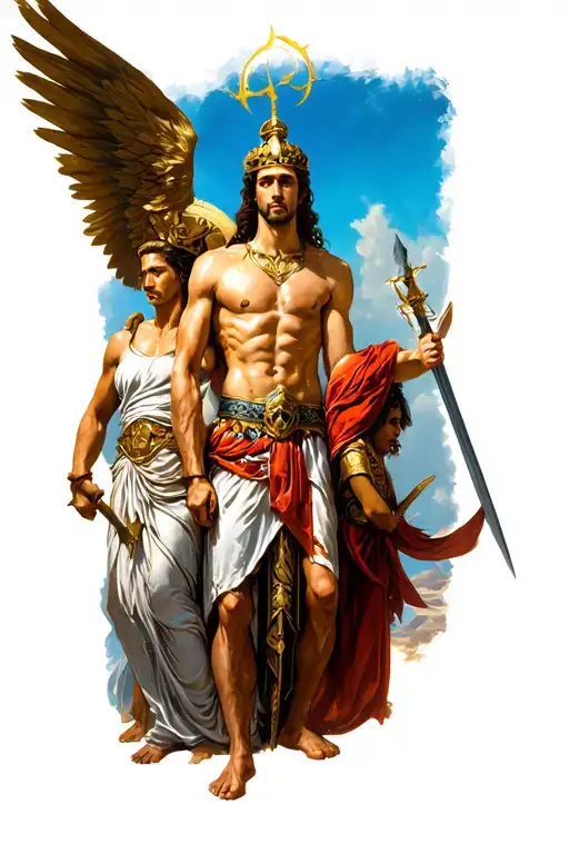 Greek gods Athena, Apollo, and a warrior named Eryx with color and intense-looking tattoo design idea