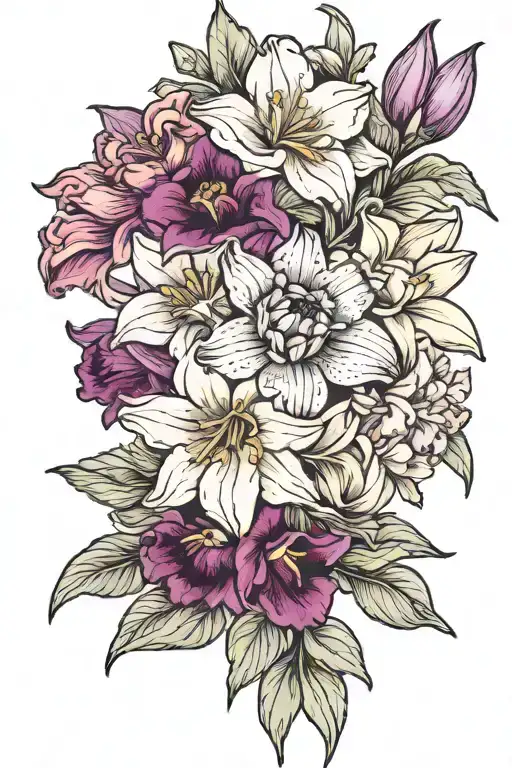 violet gladiolus chrysanthemum narcissus flower bouquet tattoo design idea