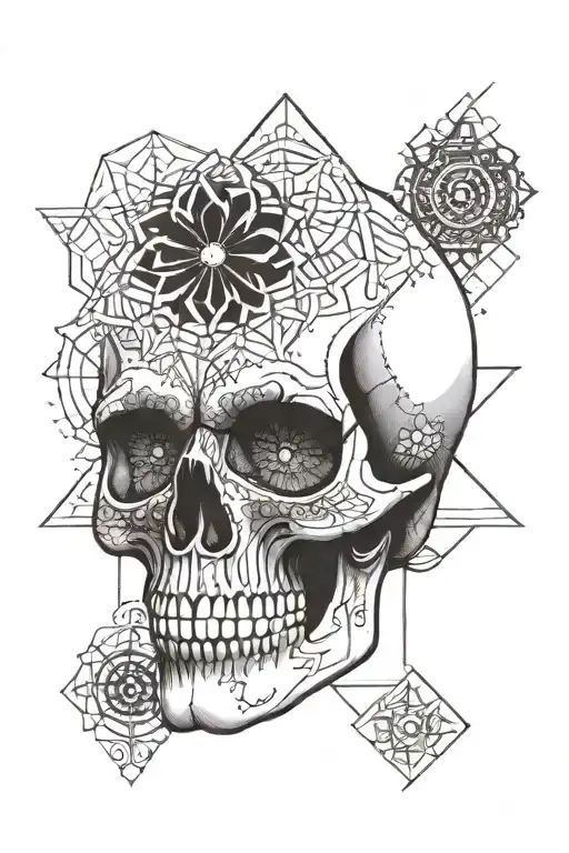 skull with mandala on forehead and a geometric background  tattoo design idea